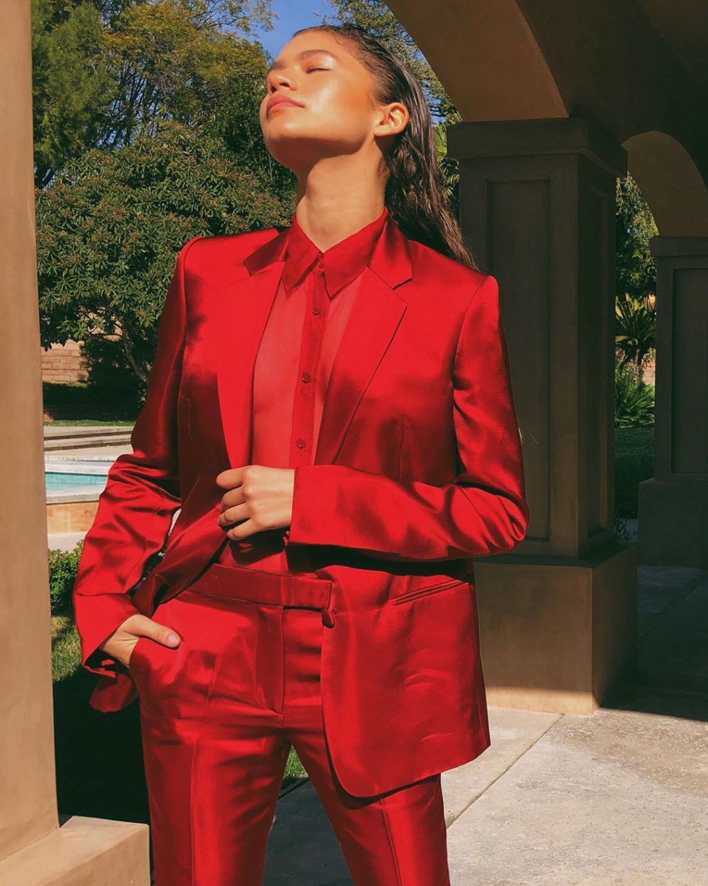 Zendaya Serves Monochromatic Red In Her Backyard!