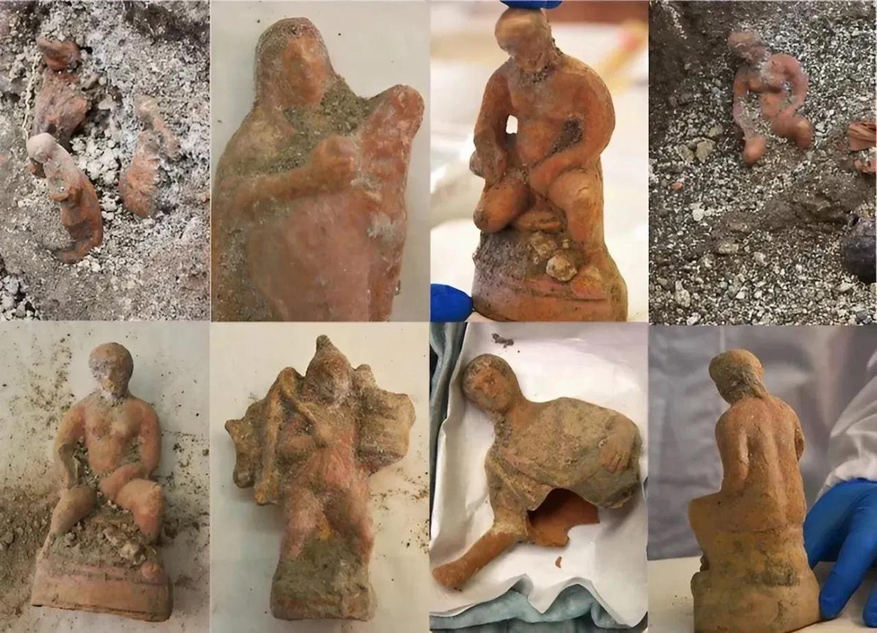 13 terracotta figurines found during excavations of a domus at Pompeii